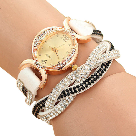 Leather Crystal Beads Casual Watch