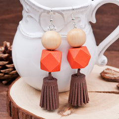 Round Wood Beaded Pendant Earring