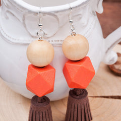 Round Wood Beaded Pendant Earring